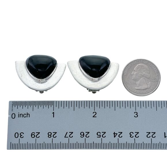 Vintage Sterling Silver 925 Black Onyx Modernist Clip-On Earrings - Picture 5 of 6
